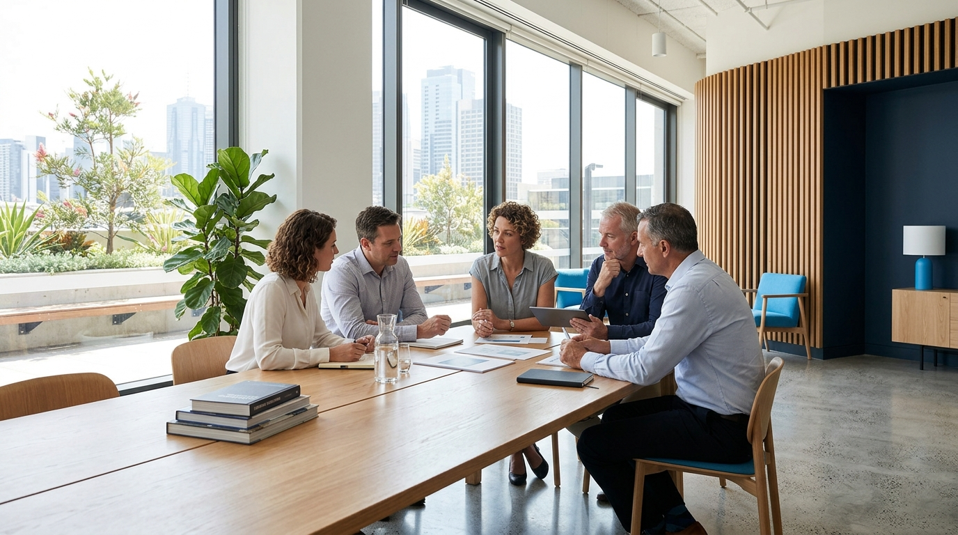 Acendre team meeting in a modern Australian office.