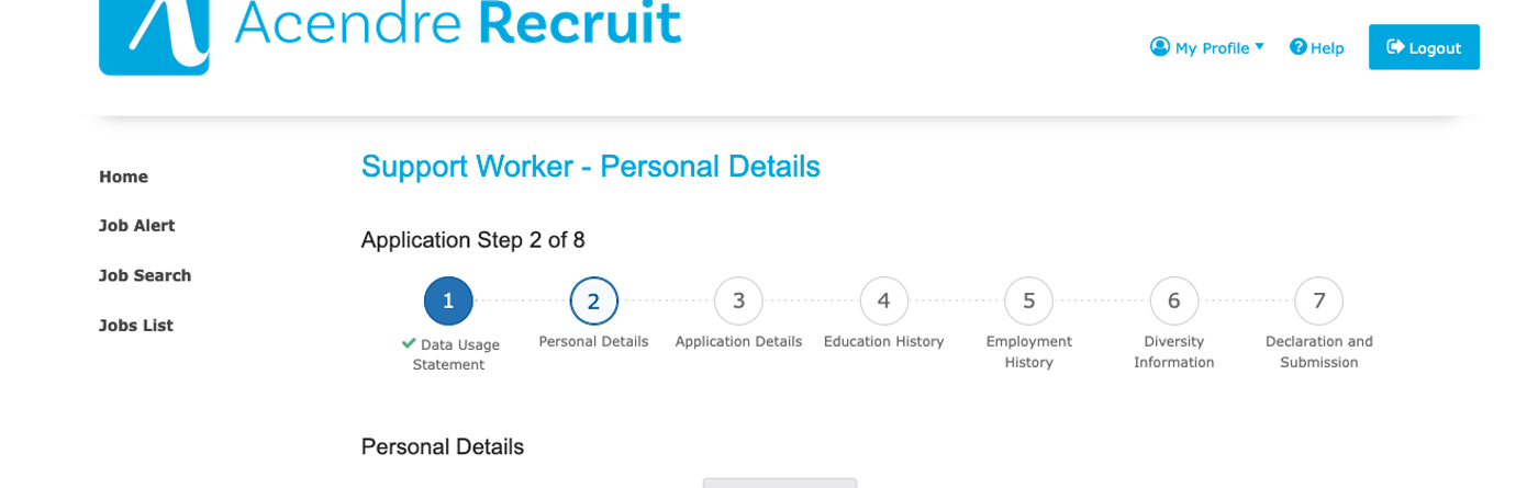 Acendre Recruit candidate portal showing application progress steps.