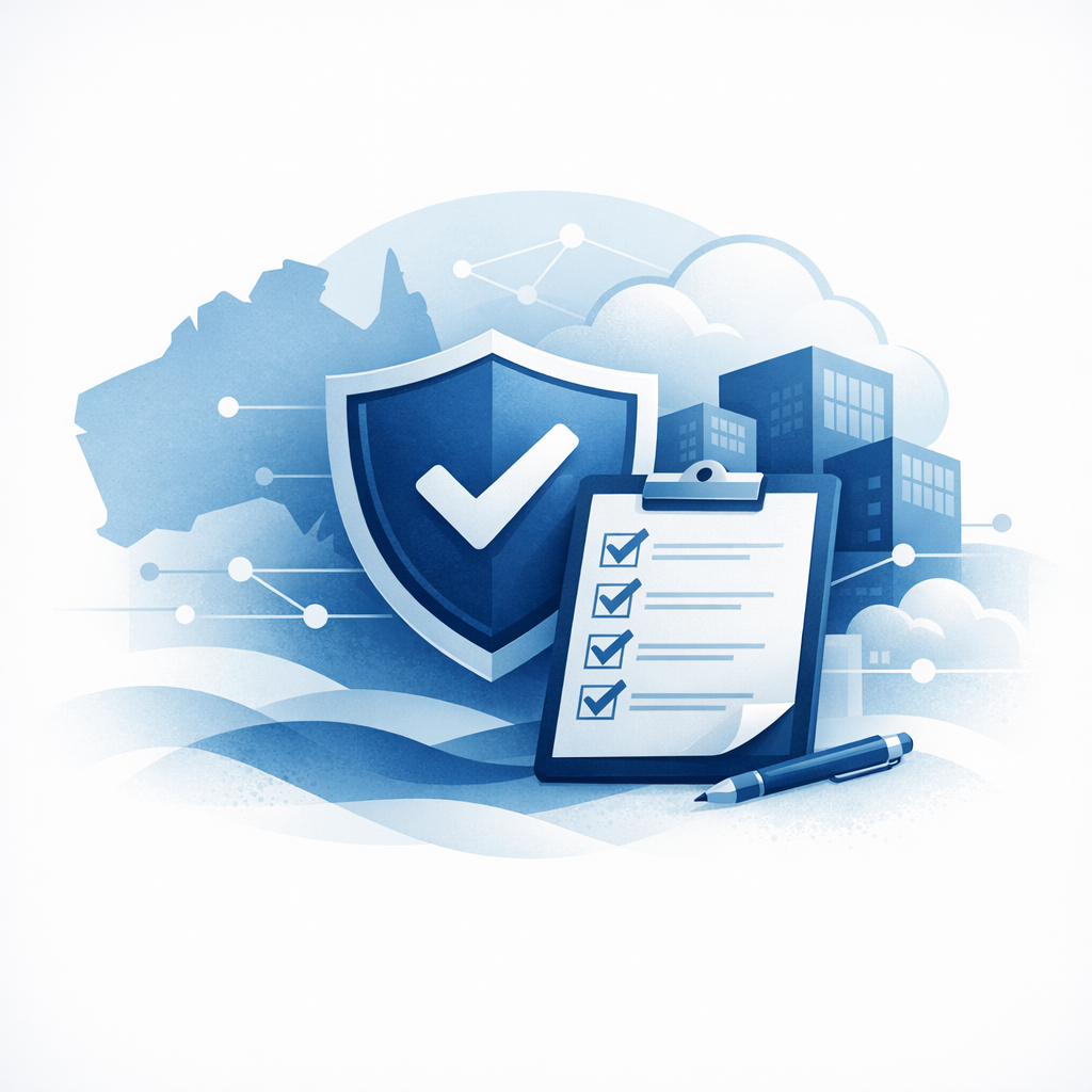 IRAP assurance illustration with shield, checklist and Australian context.