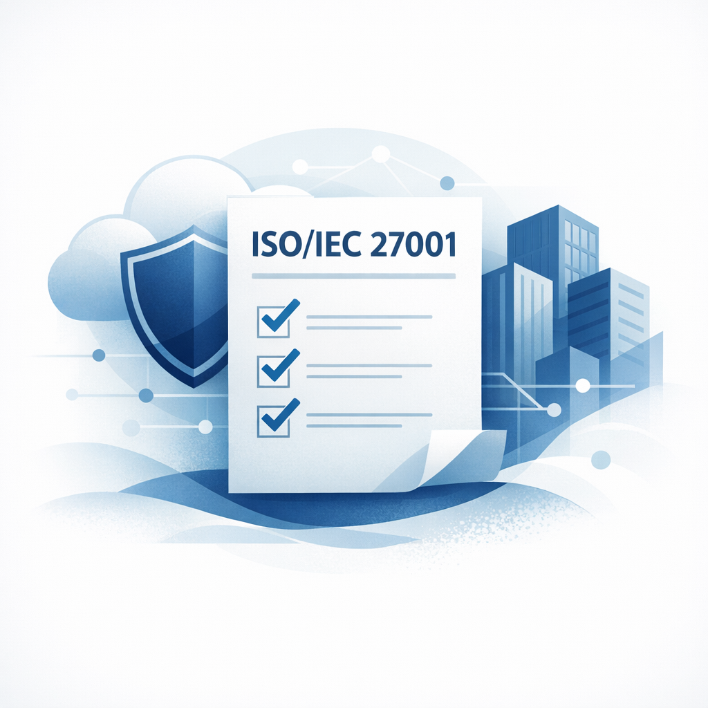 ISO 27001 certification illustration with checklist, shield and secure cloud context.