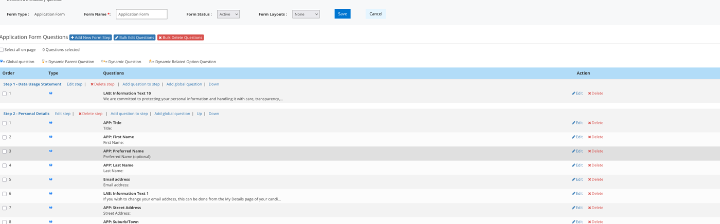 Acendre Recruit form builder showing configurable application questions.