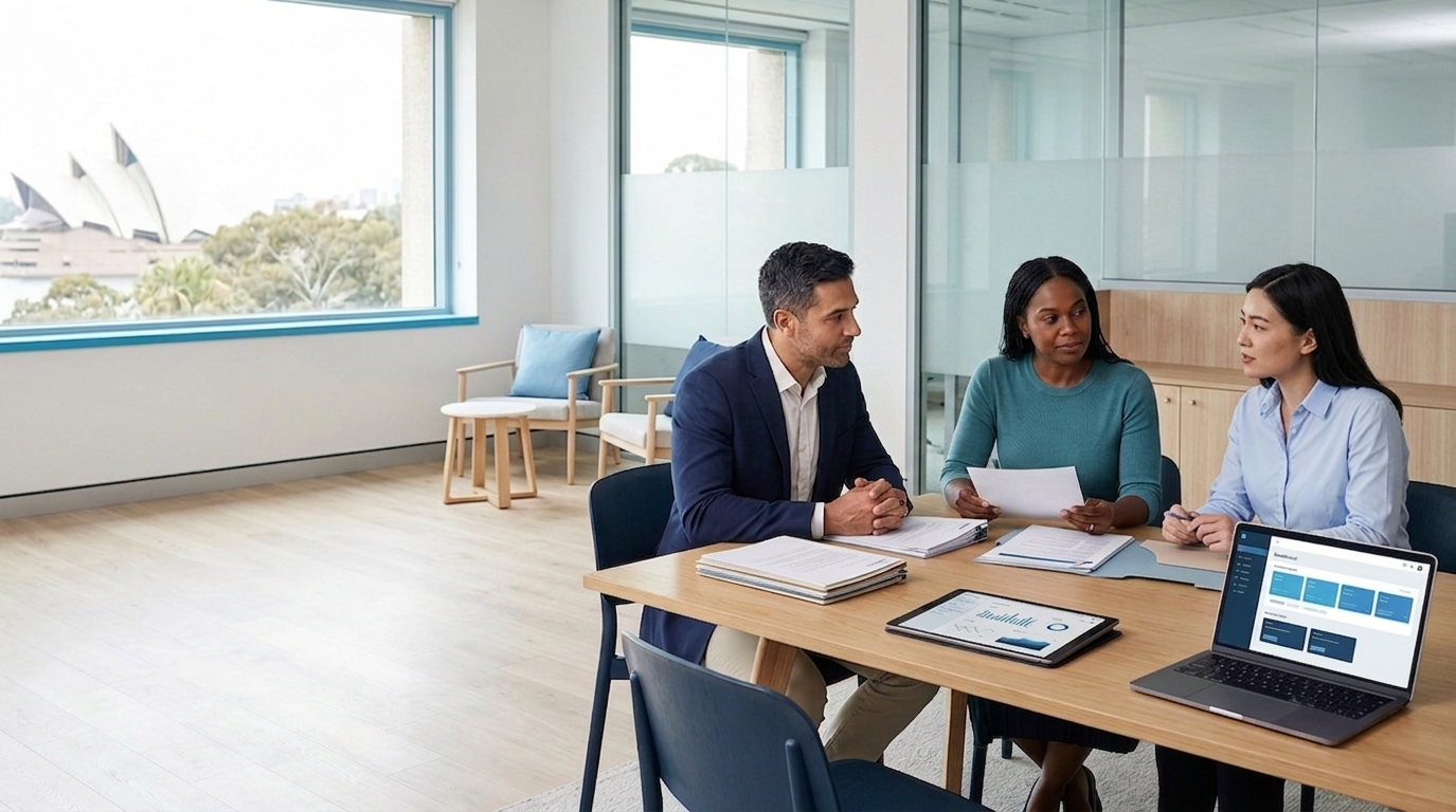 Acendre team discussing regulated recruitment in a modern Australian workplace.