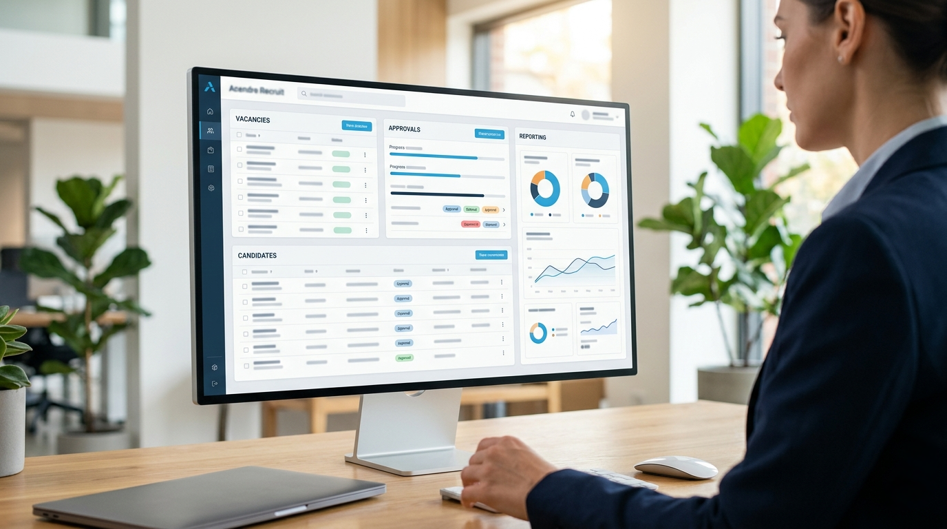 Acendre Recruit dashboard showing vacancies, candidates, approvals and reporting.