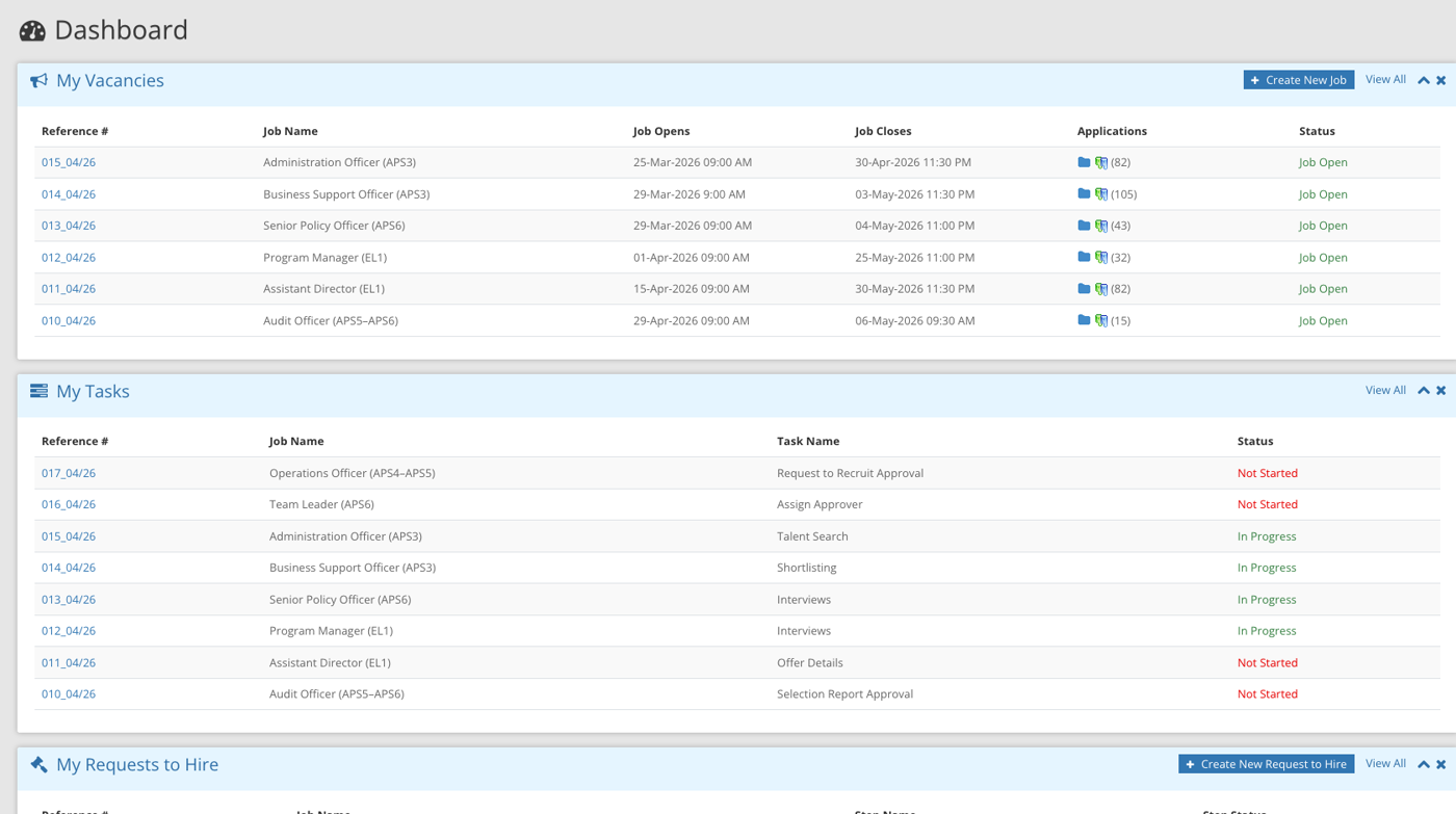 Acendre Recruit dashboard showing vacancies, tasks and requests to hire.