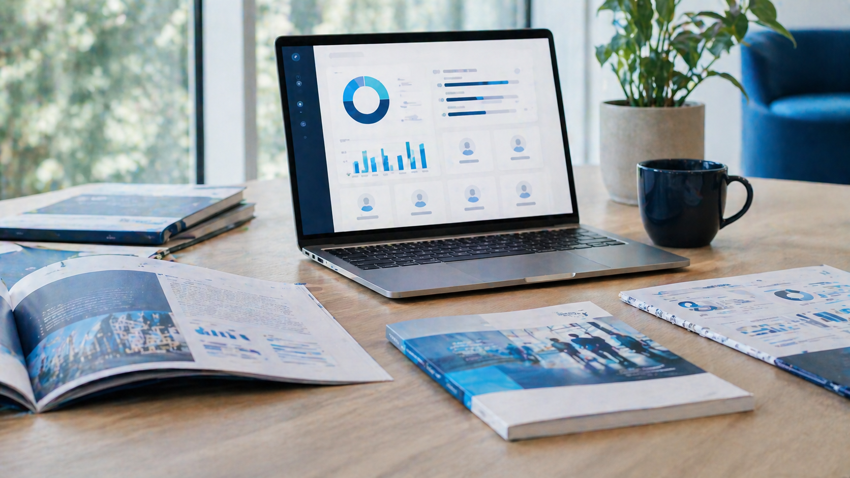Resource library workspace with reports, laptop and recruitment analytics.
