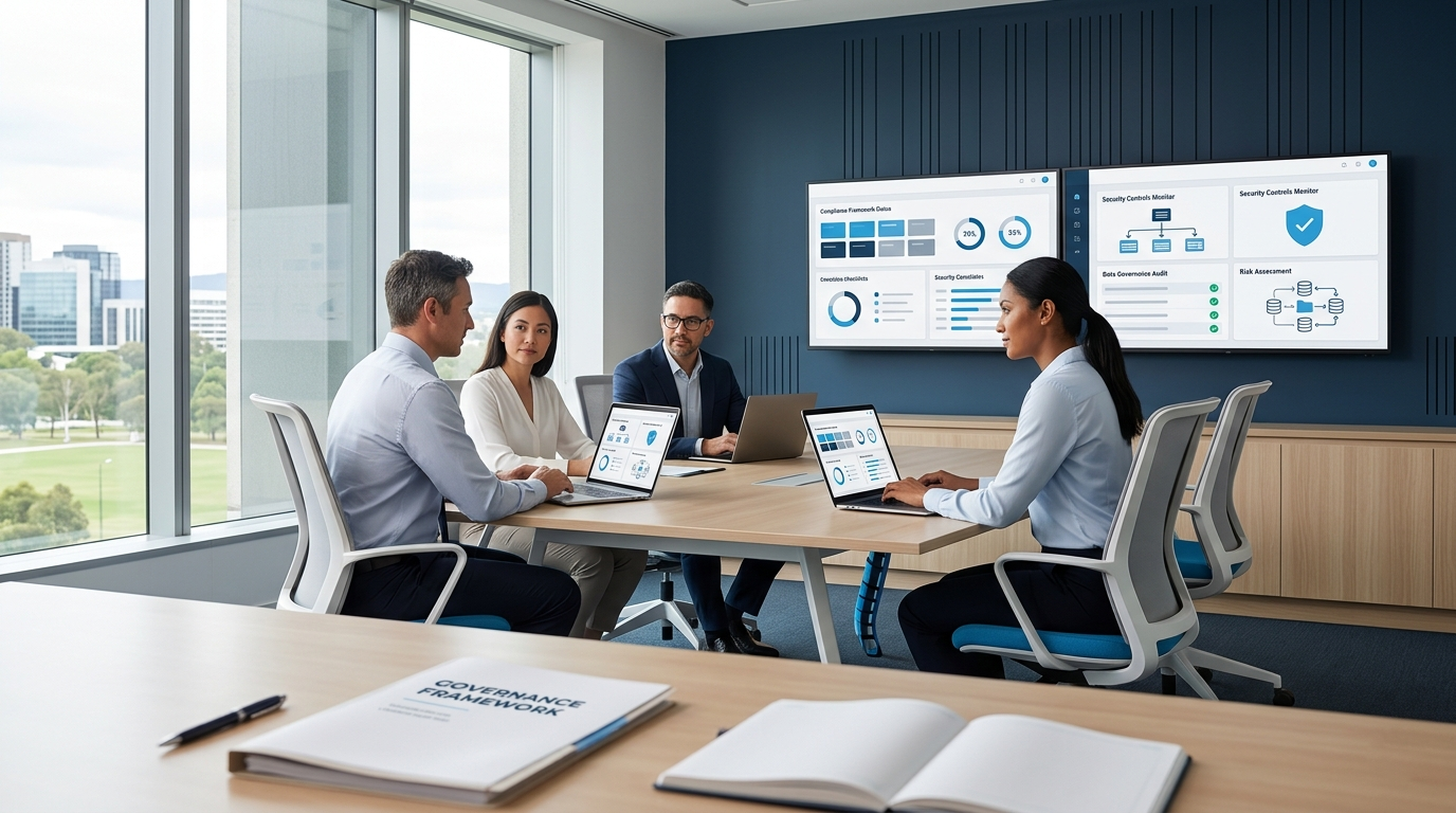 Governance and security assurance meeting with compliance dashboards.