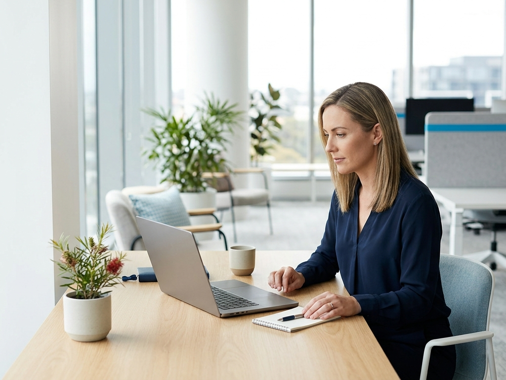 Professional preparing for a customer conversation in a bright office.